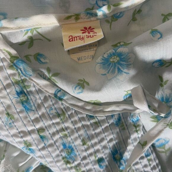 Vintage Amy Sue Blue Floral Prairie Long Sleeveless Nightgown Size Medium - Picture 14 of 15